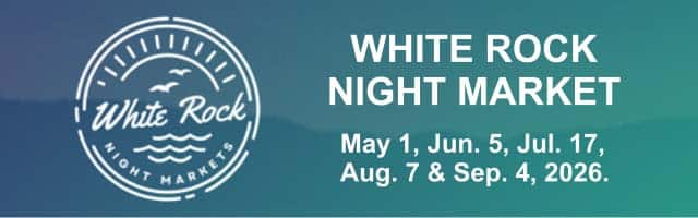 Banner for White Rock Night Markets with circular logo on the left and dates May 1, Jun 5, Jul 17, Aug 7 & Sep 4, 2026 on the right.